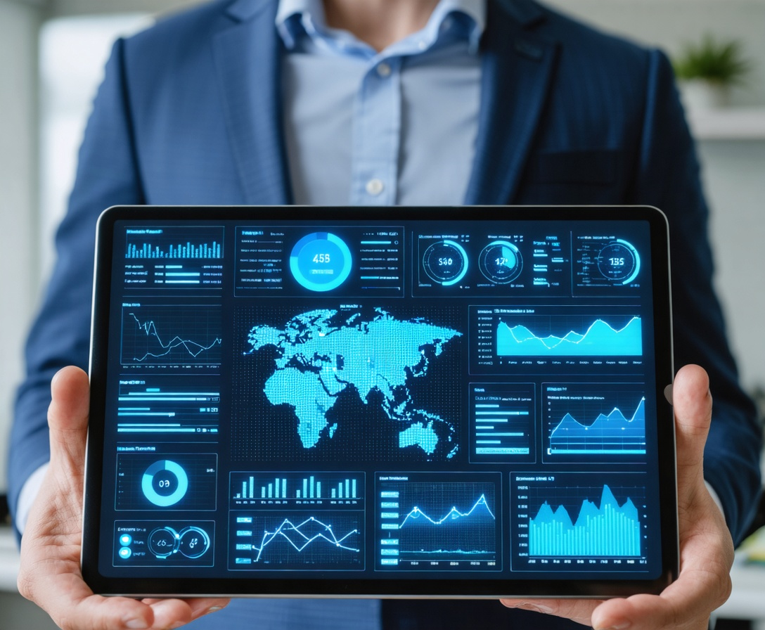 Close-up of a tablet screen showing complex financial data visualizations
