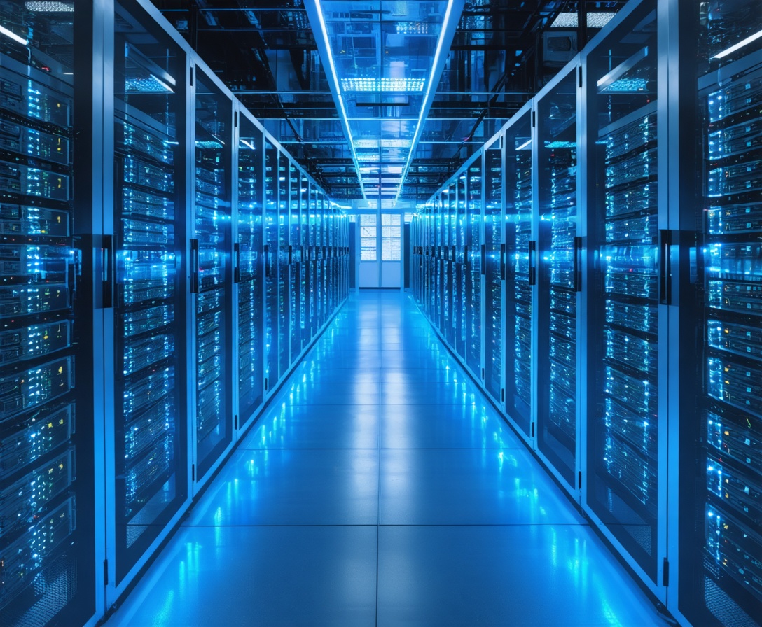 High-tech server room with glowing blue LED lights on server racks