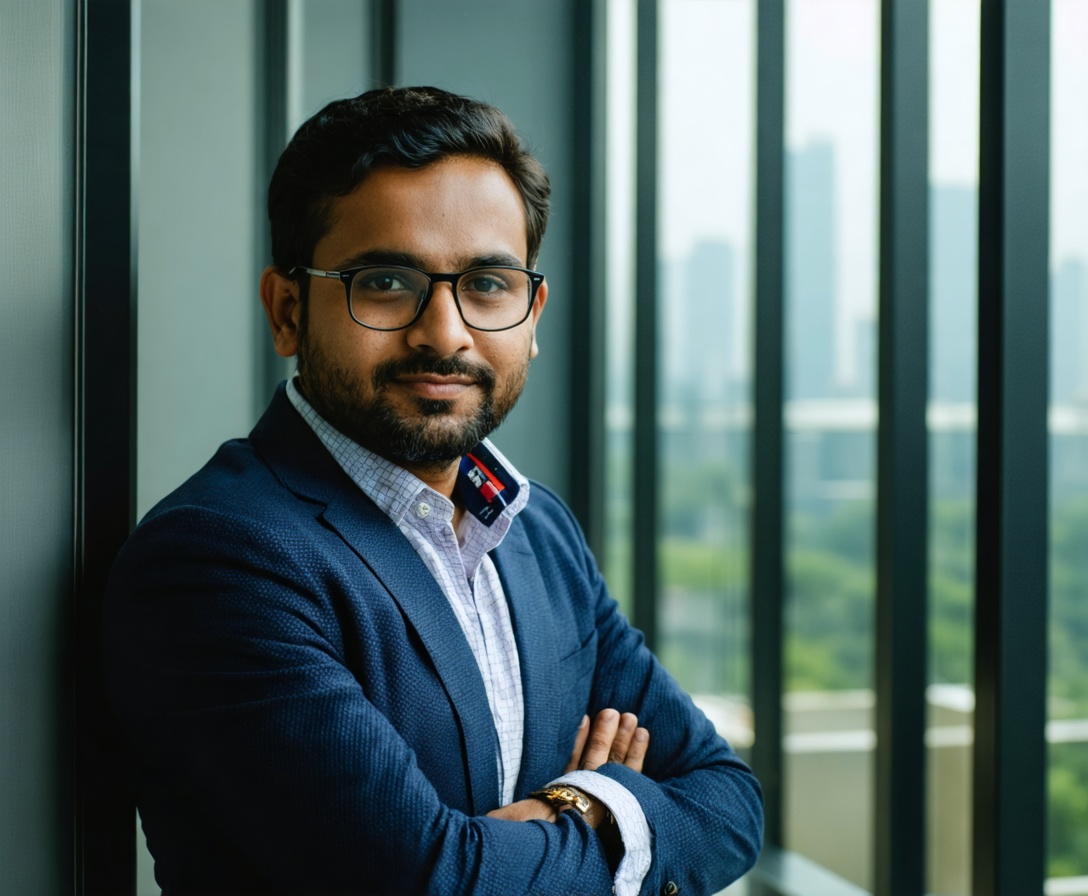 Professional portrait of the founder of Synthetix Automata in a modern glass office