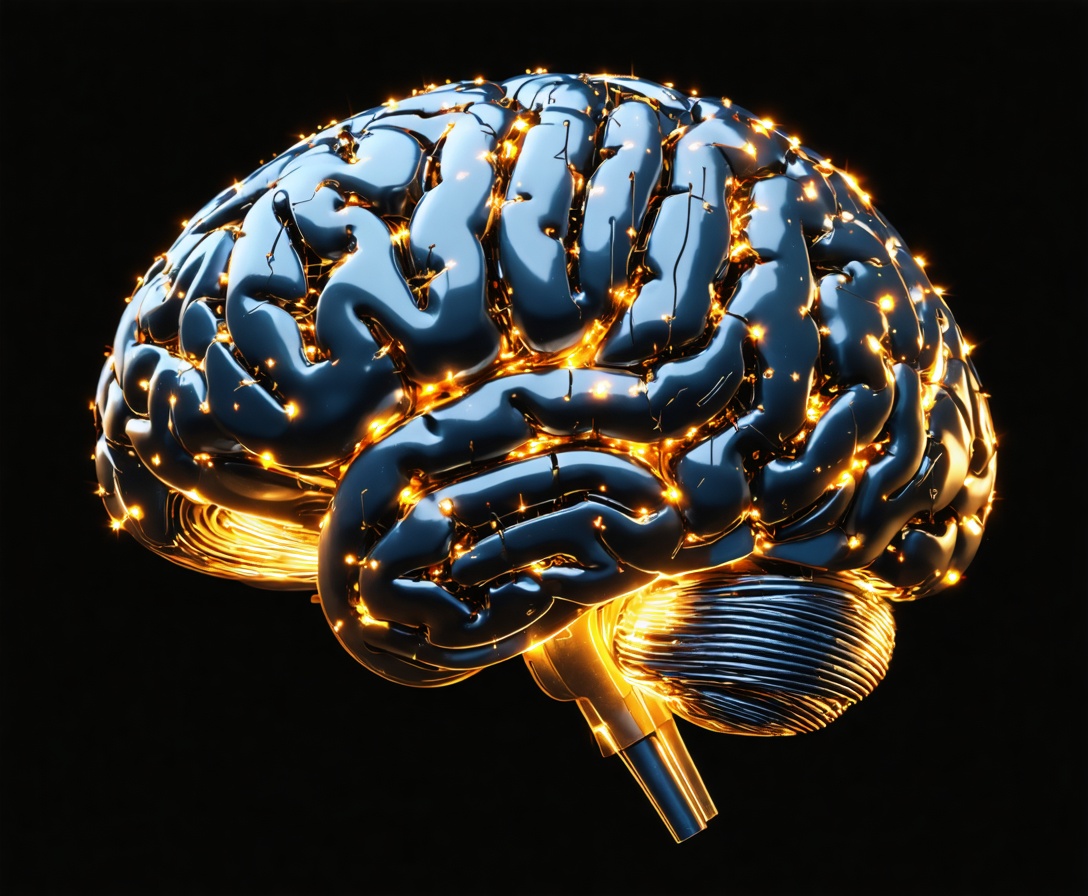 Futuristic 3D render of a metallic brain with glowing circuits