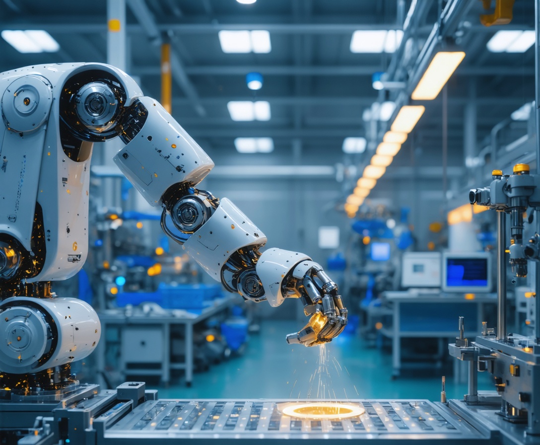 Sleek robotic arm in a modern clean-room factory