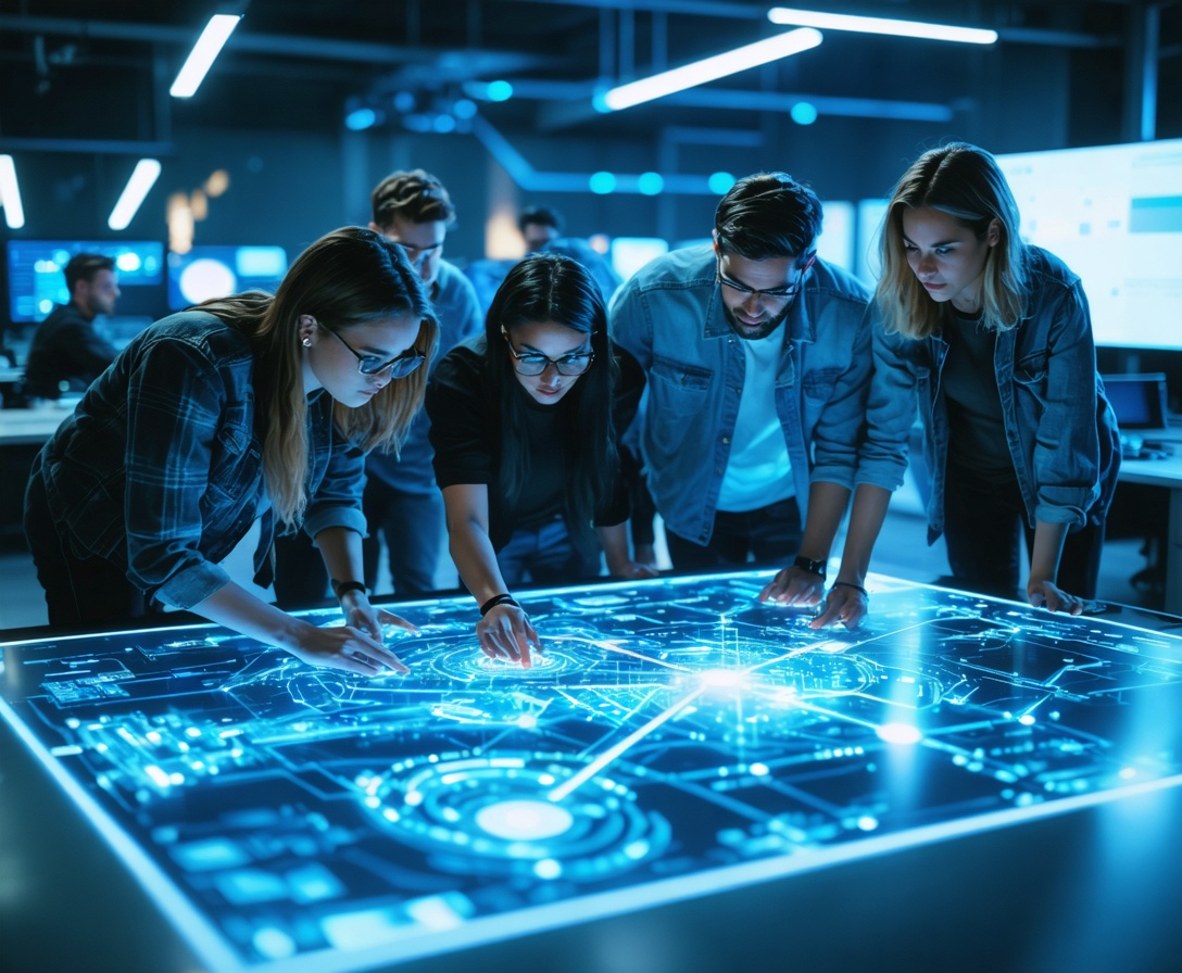 Team of software engineers collaborating on a holographic interface