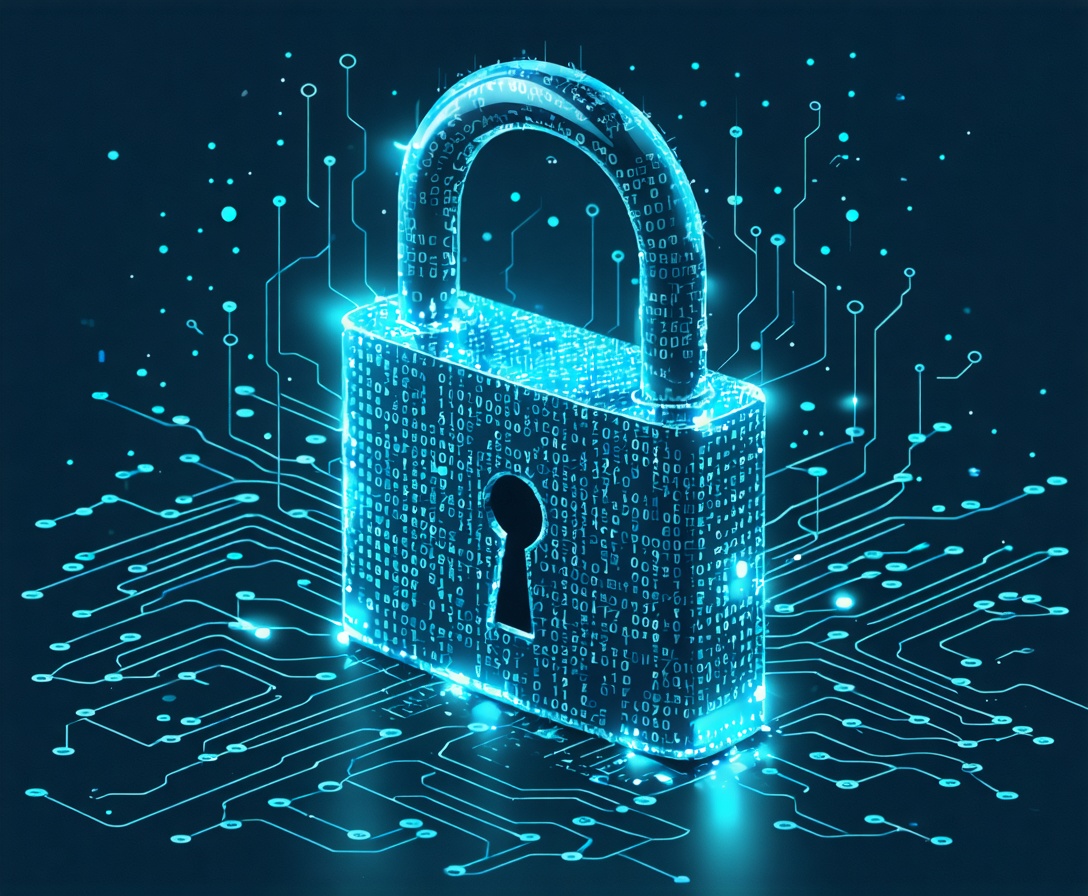 Abstract digital concept of a padlock made of binary code and glowing circuits