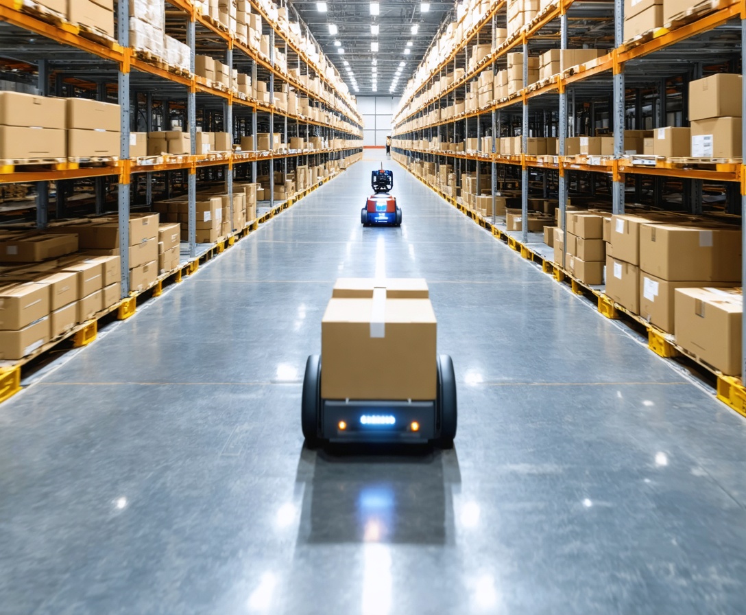 Aerial view of an automated warehouse with robots moving parcels